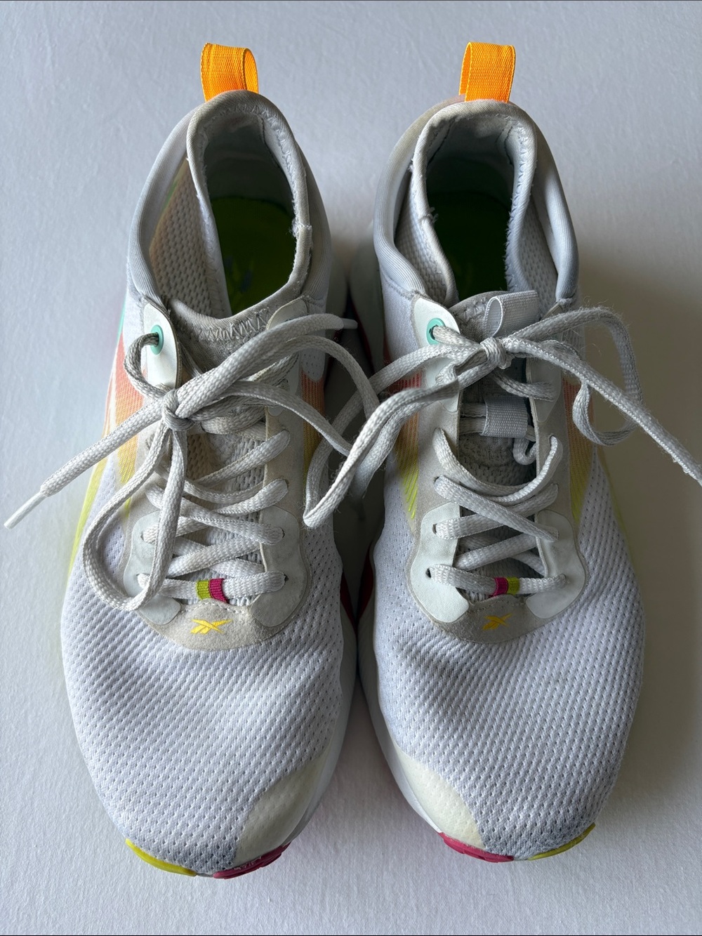 Reebok White Sneakers with Neon Orange, Lime and Mint Accents